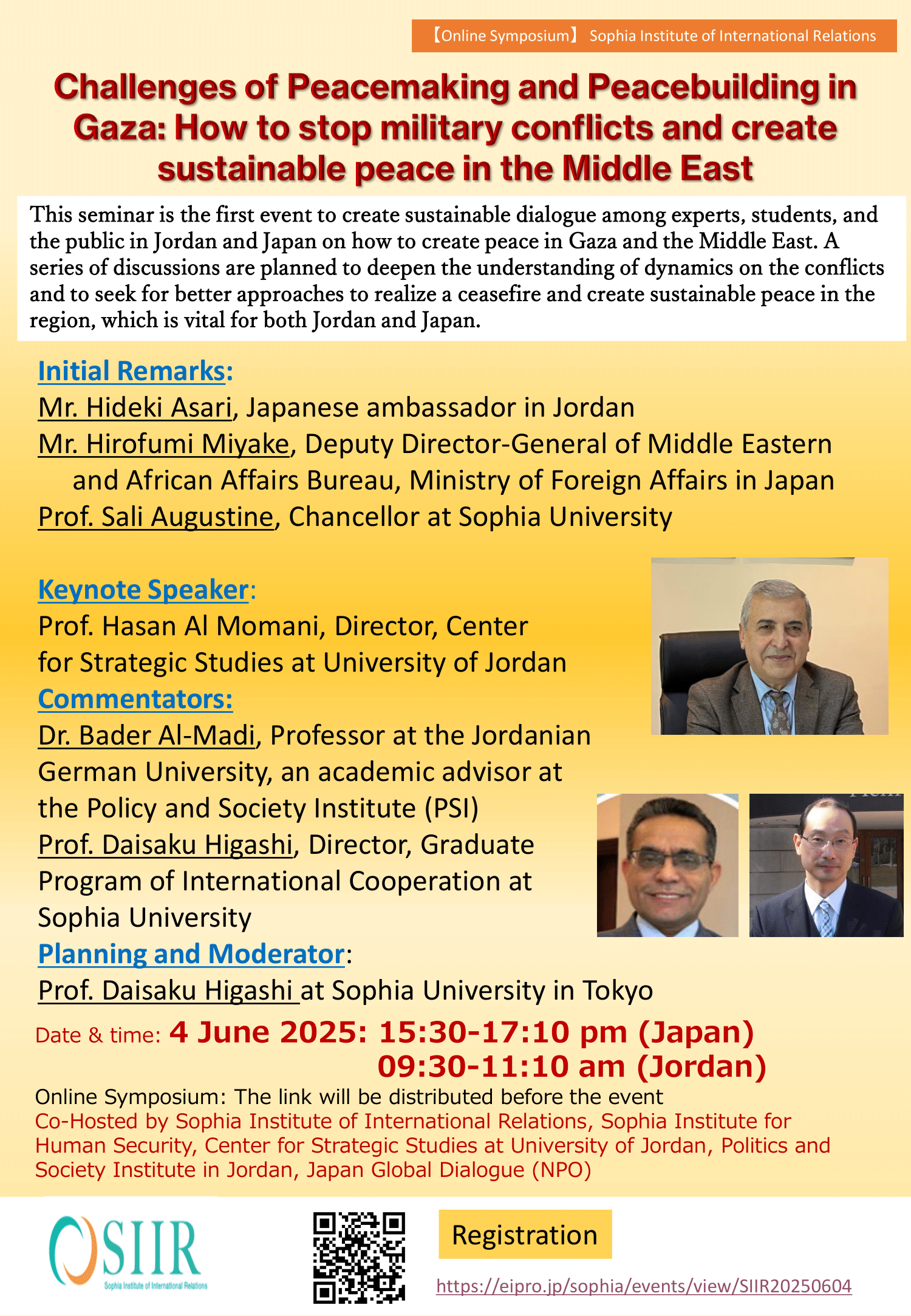 University of Jordan and Sophia University will co-host the first seminar on “Challenges of Peacemaking and Peacebuilding in Gaza” on 4 June 2025