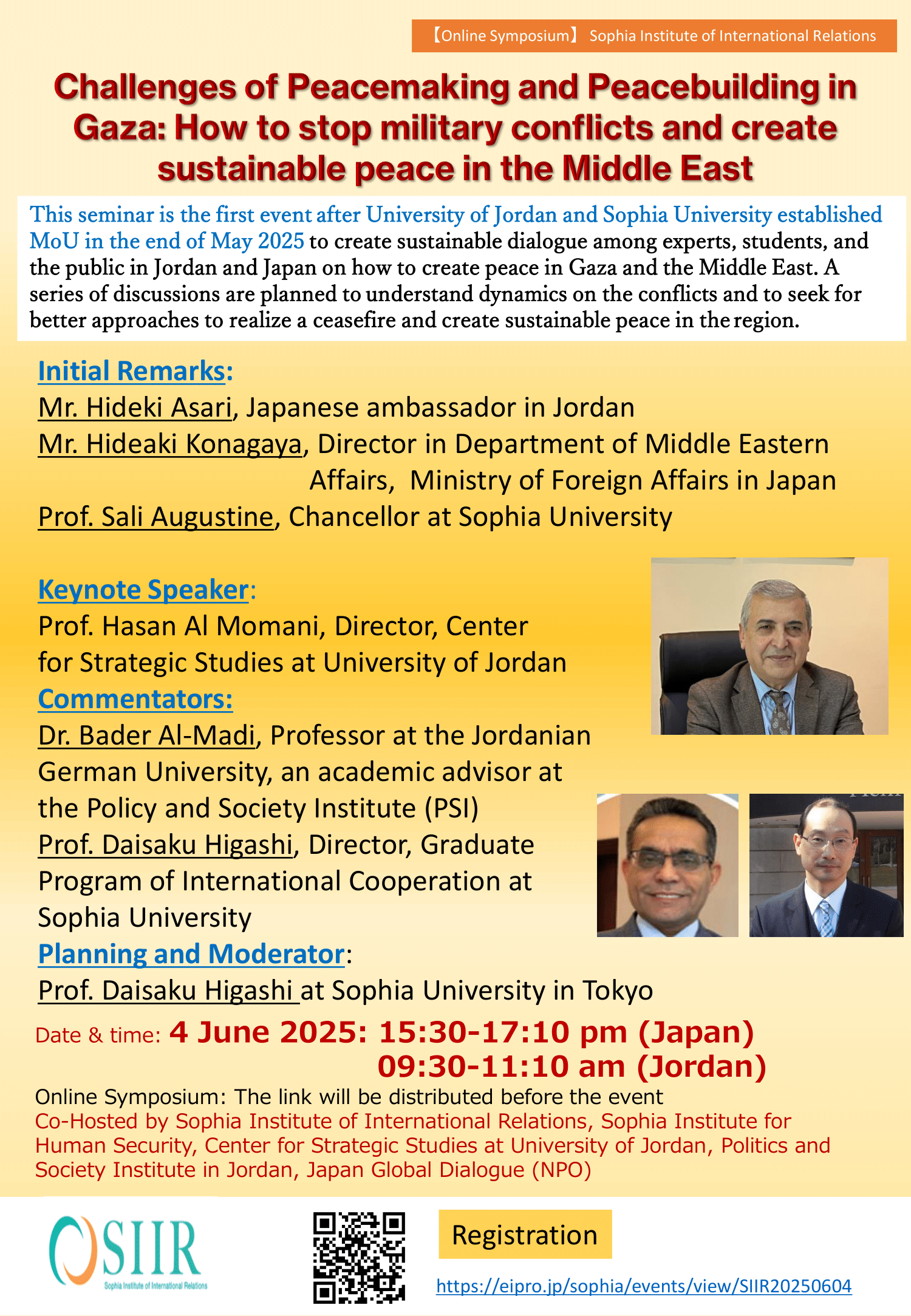 University of Jordan and Sophia University will co-host the first seminar after having MoU on “Challenges of Peacemaking and Peacebuilding in Gaza” on 4 June 2025
