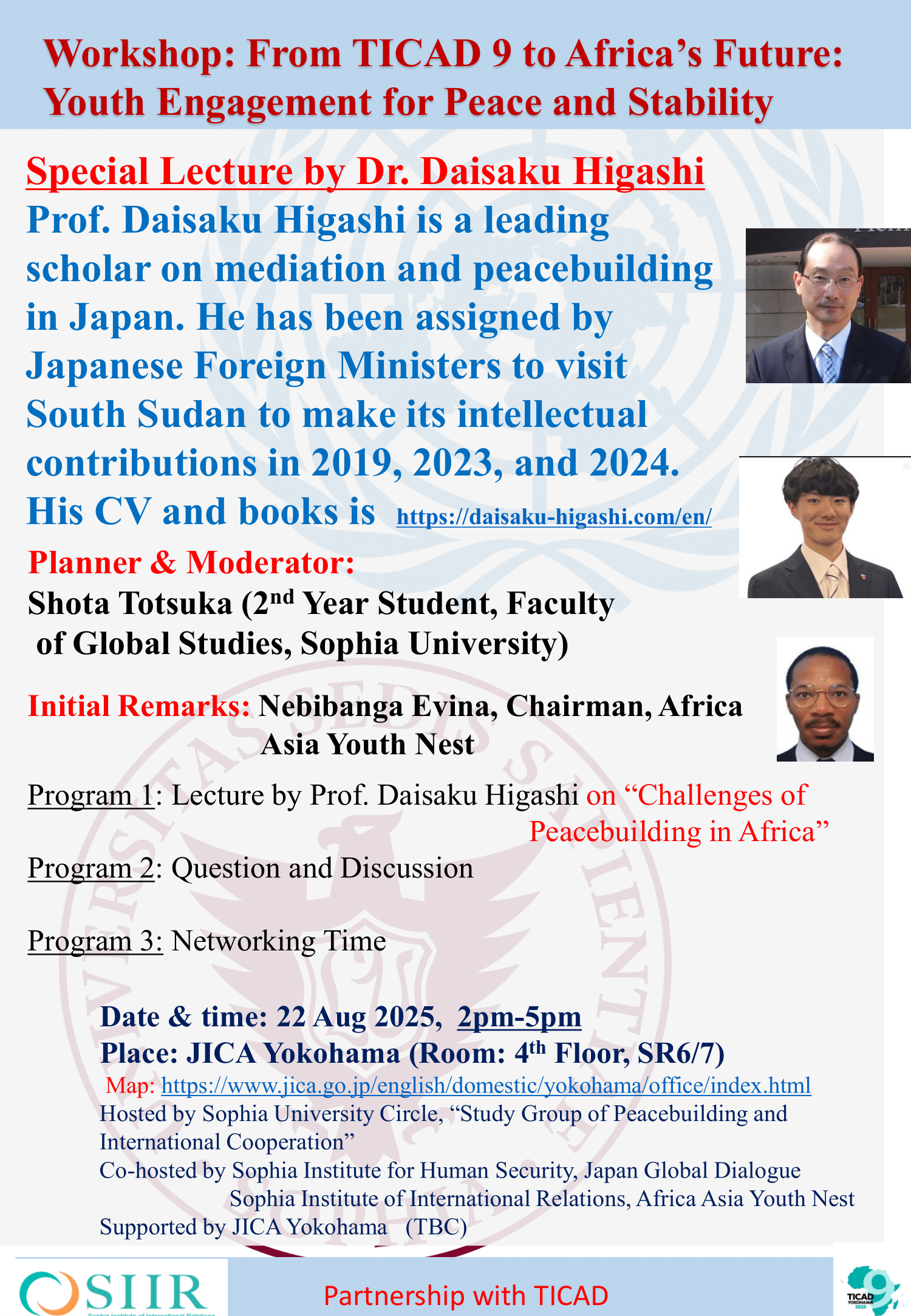 Workshop “From TICAD 9 to Africa’s Future: Youth Engagement for Peace and Stability” on 22 August 2025 （ TICAD当日（８月２２日）開催ワークショップ「 TICAD９からアフリカの未来：平和への若者の参加」）