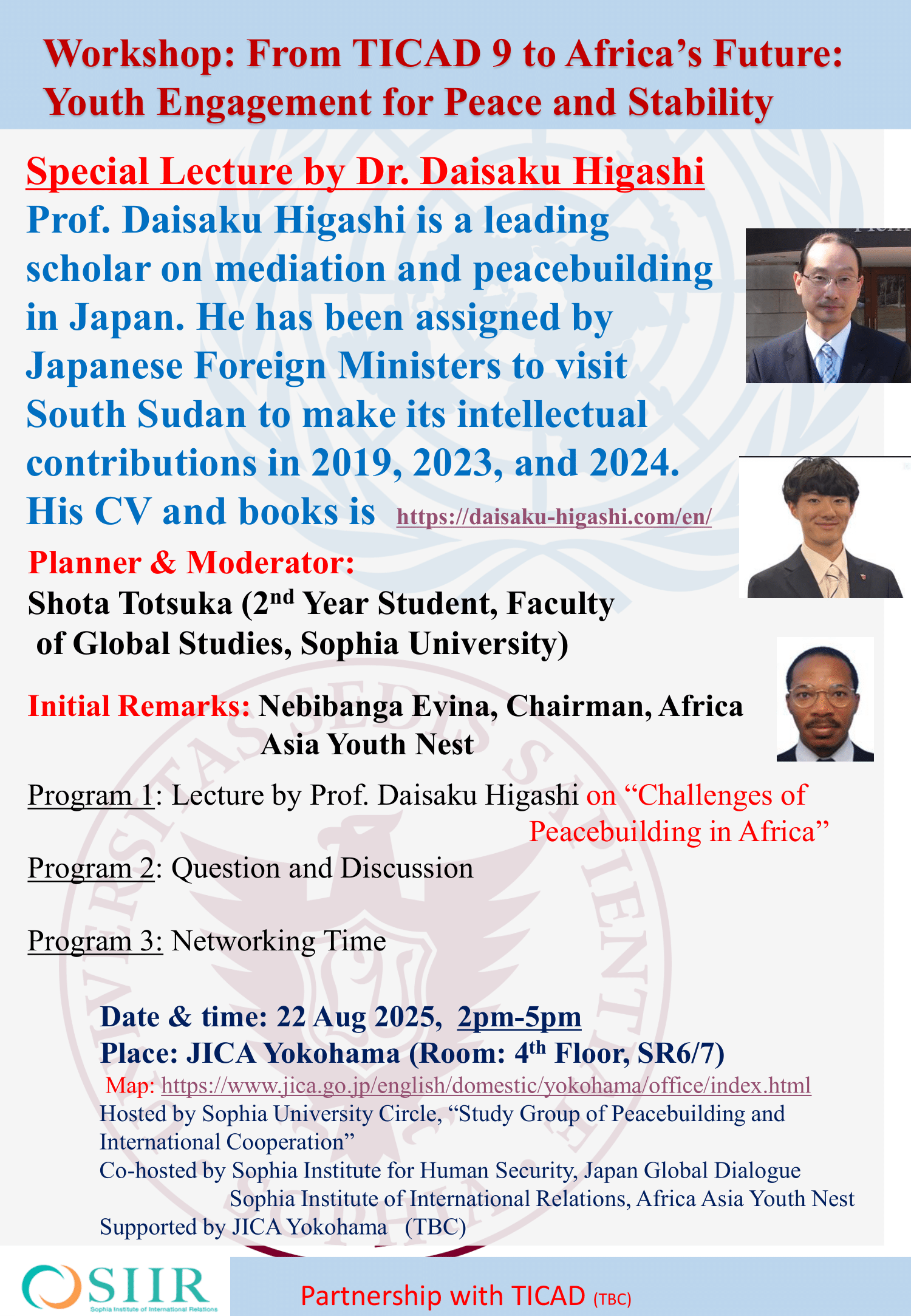 Workshop “From TICAD 9 to Africa’s Future: Youth Engagement for Peace and Stability” on 22 August 2025 （ TICAD当日（８月２２日）開催ワークショップ「 TICAD９からアフリカの未来：平和への若者の参加」）